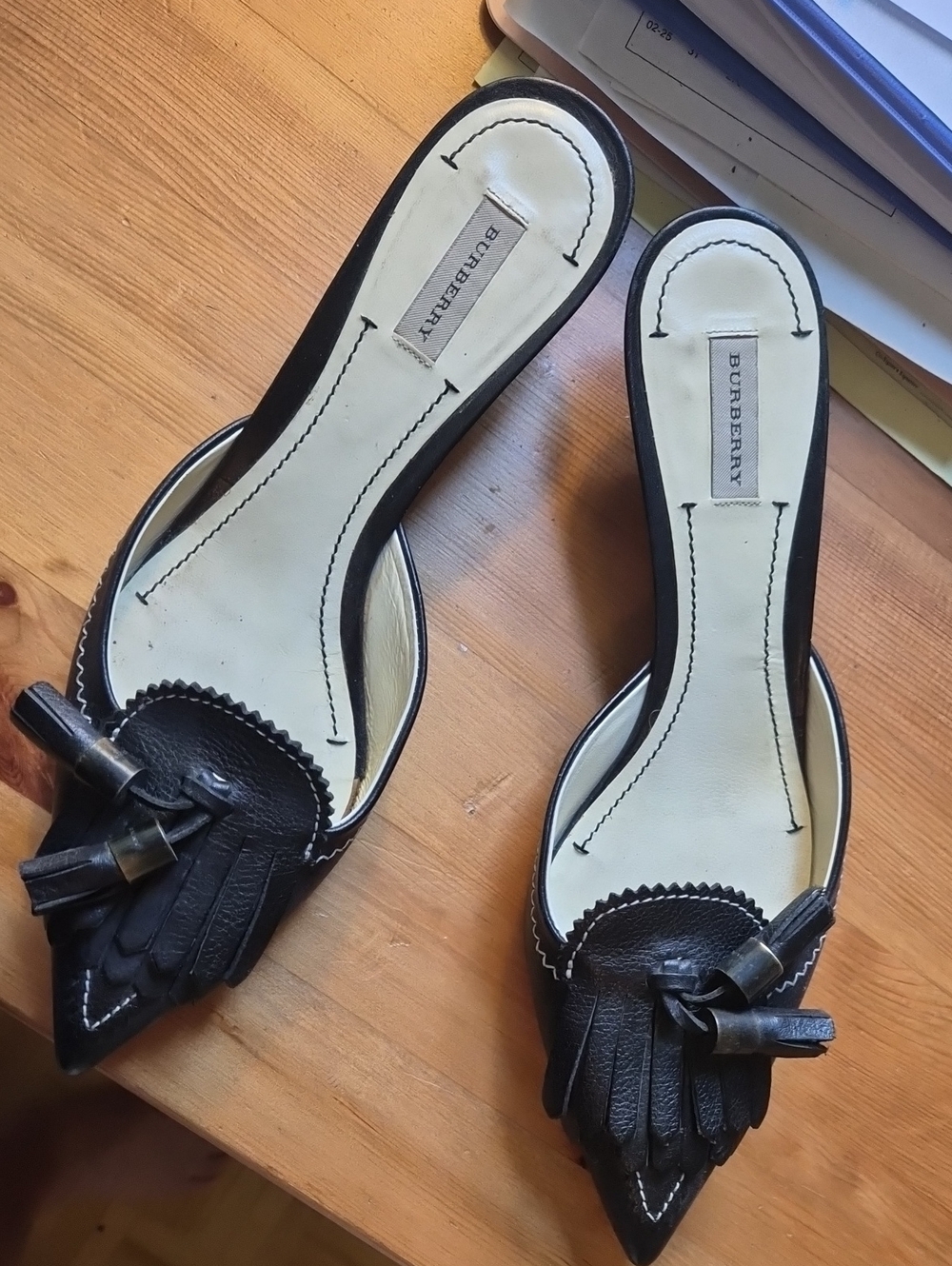Burberry Black Leather Pointed Tassel Mules with Fringe